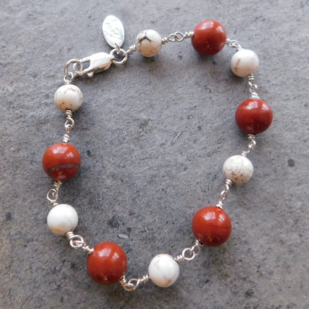 Red Jasper and White Magnesite Beaded Sterling Silver Bracelet - by Konnie K